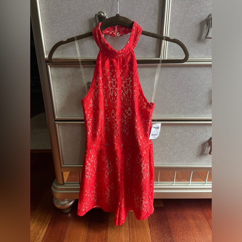 Charlotte Russe Red Lace and Nude Halter Romper XS